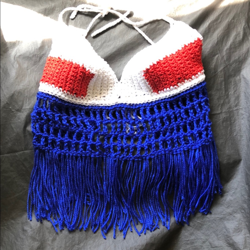 Red, White, and Blue Crochet Halter Top with Fringe - Picture 6 of 15